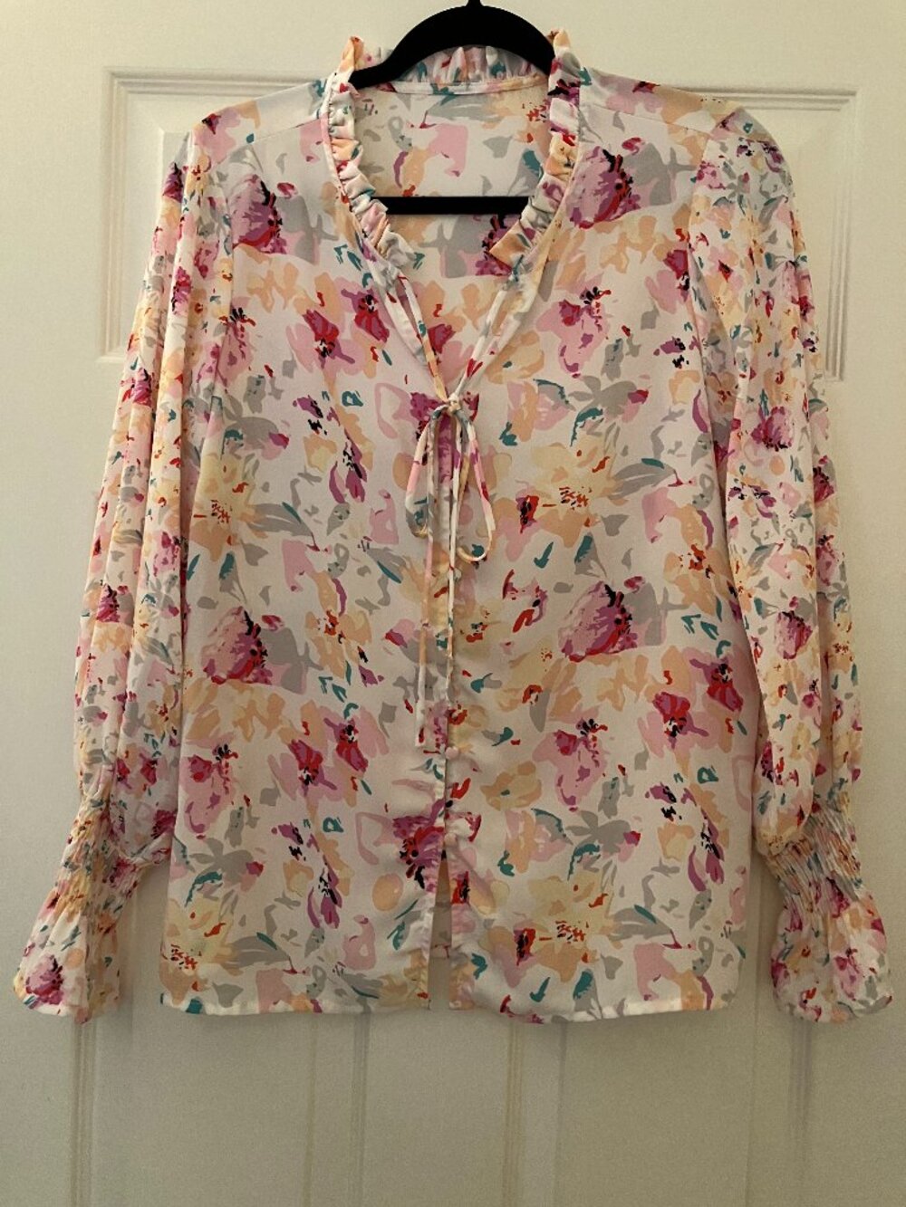 Ruffled Collared Tie-Neck Blouse, Size S, Floral